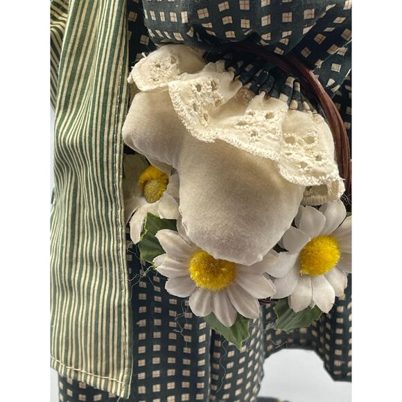 vintage doll country plaid stray hat flowers apron green striped stand 22" READ - Picture 6 of 9